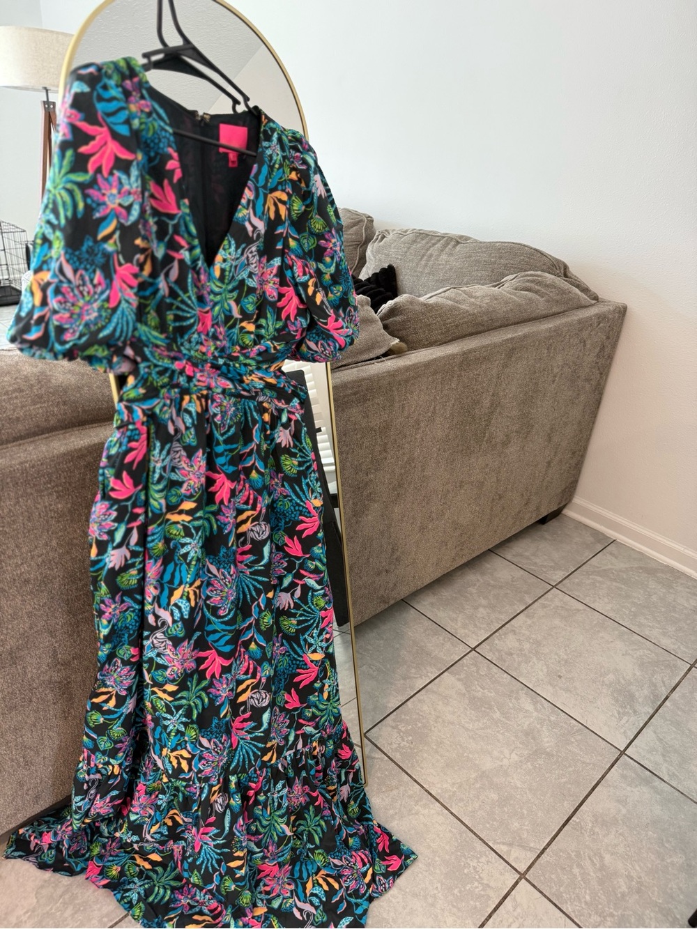 Lilly Pulitzer Black Maxi Dress with Pink, Blue, Green & Yellow Floral Print